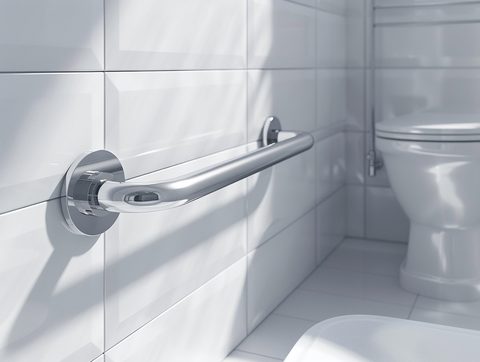 Accessible bathroom with stainless steel grab bars beside toilet and inside shower