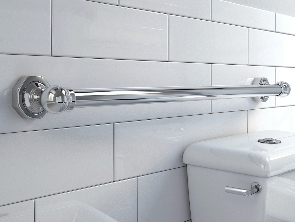 Stainless steel grab bar bolted to bathroom tile beside toilet