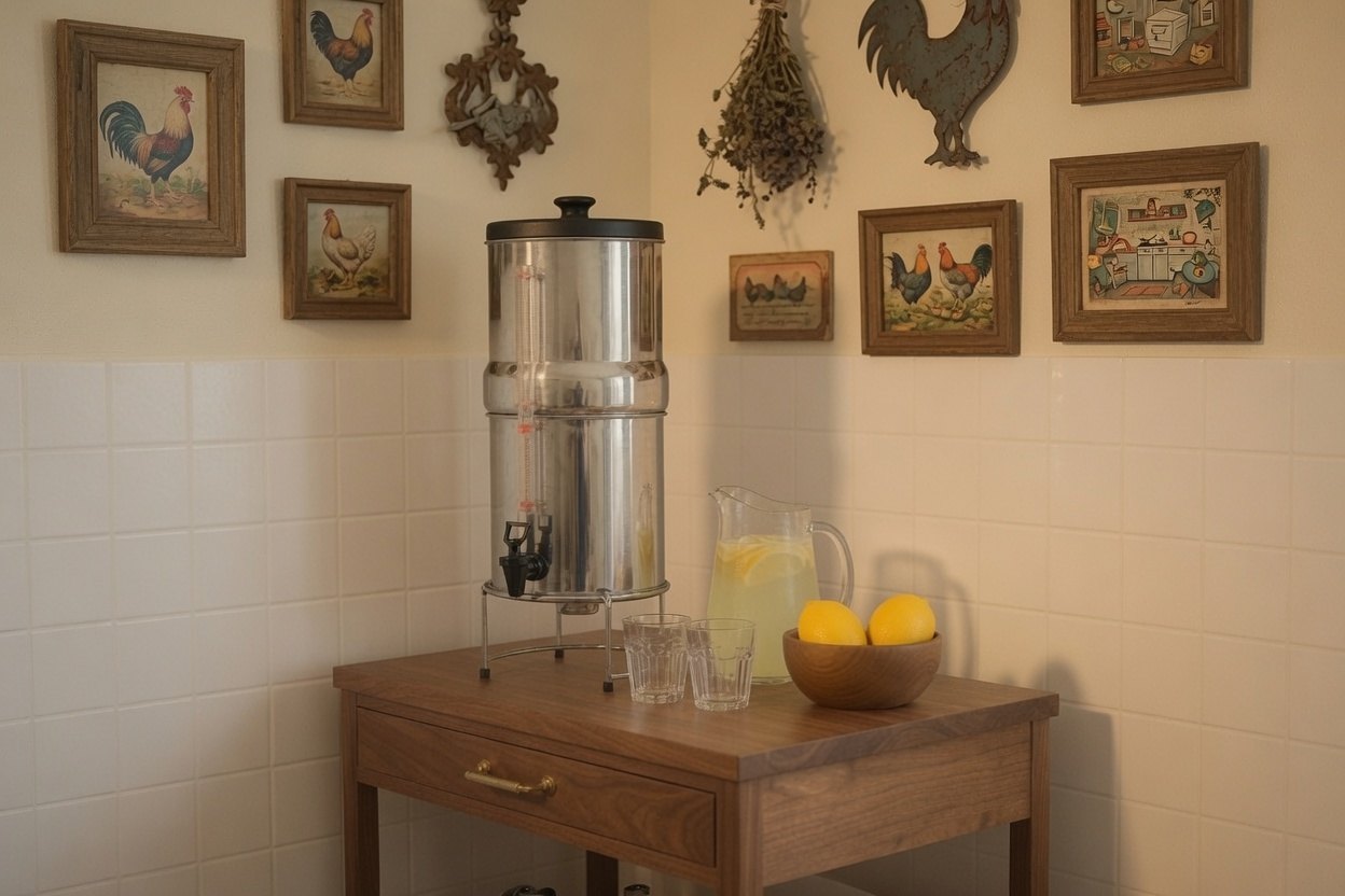 A stainless two-chamber gravity water filter standing on a small wooden side table in the corner of a farmhouse kitchen, with a pitcher of lemonade, two filled glasses and a bowl of lemons beside it