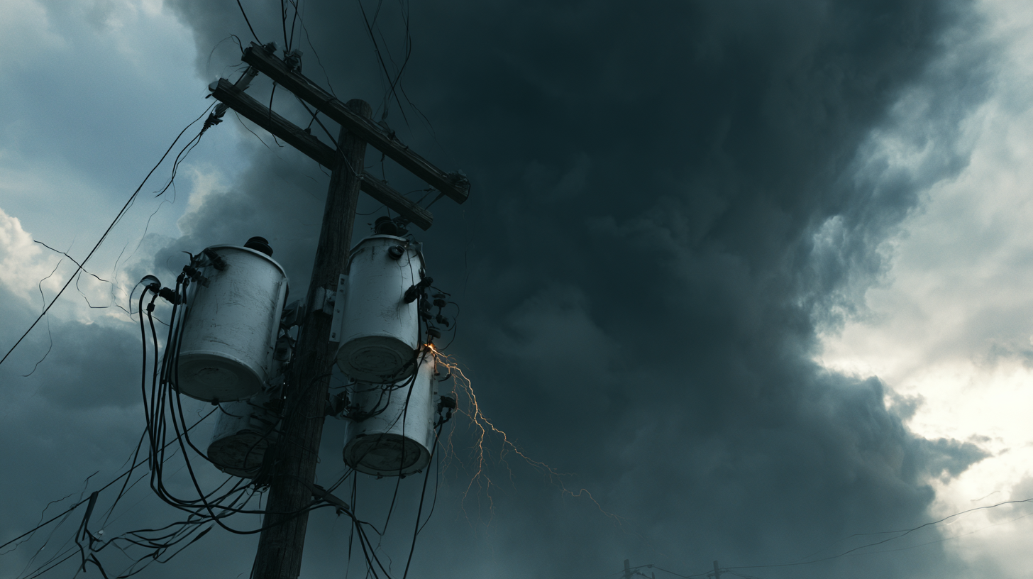 Electrical transformers on utility pole with storm approaching and sparks flying