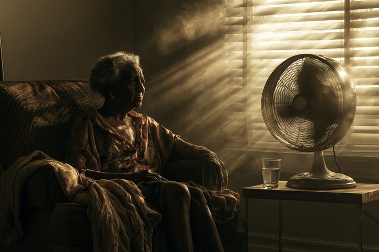 Elderly woman sitting in a hot living room with a fan and glass of water, heat rays through window blinds
