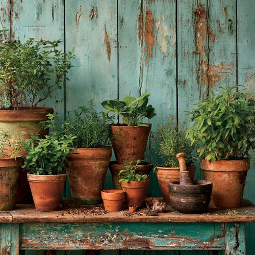 Terracotta pots with fresh herbs on a weathered bench against a teal garden wall