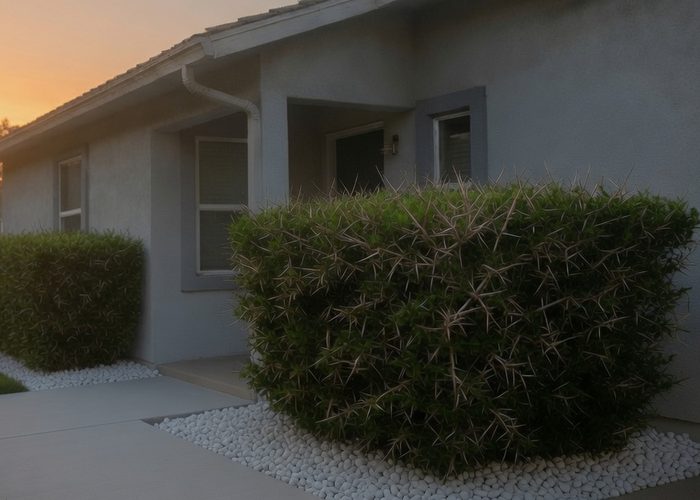 A single-story house at sunset with a motion floodlight under the eave and a thorny shrub in a bed of pale gravel below the window