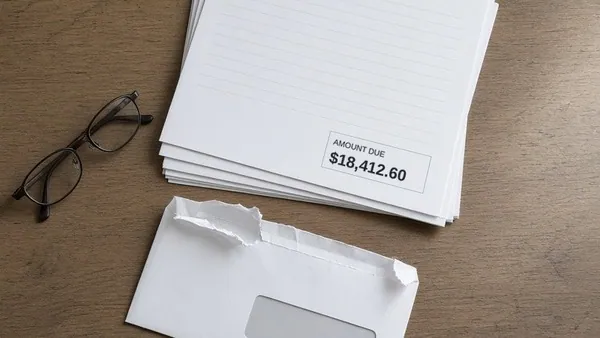 A stack of stapled hospital statement pages on a kitchen table beside a torn-open window envelope and a pair of reading glasses, the amount due box reading $18,412.60
