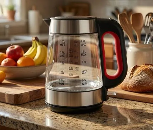 Glass electric kettle on a kitchen counter with fruit bowl and bread in background