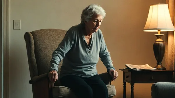 An older woman getting up from a firm armchair, hands on the arms, beside a lit lamp