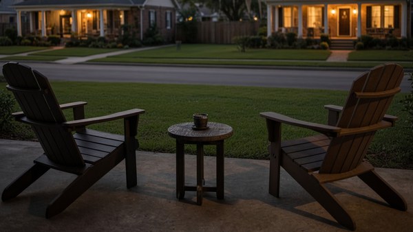 Two empty chairs on a patio at dusk facing a quiet street with porch lights on