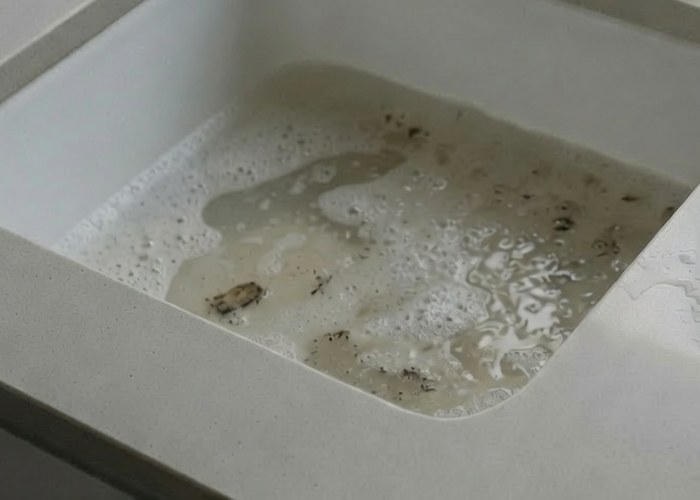 A kitchen sink standing full of dirty water that will not drain away