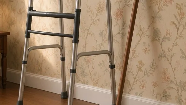 A folding aluminium walker beside a wooden cane leaning on the wall of a sitting room