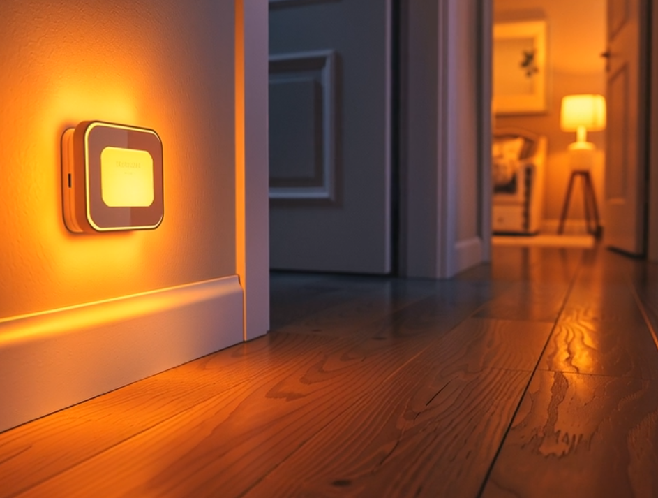 Plug-in LED motion night light glowing warm amber in a dark hallway doorway