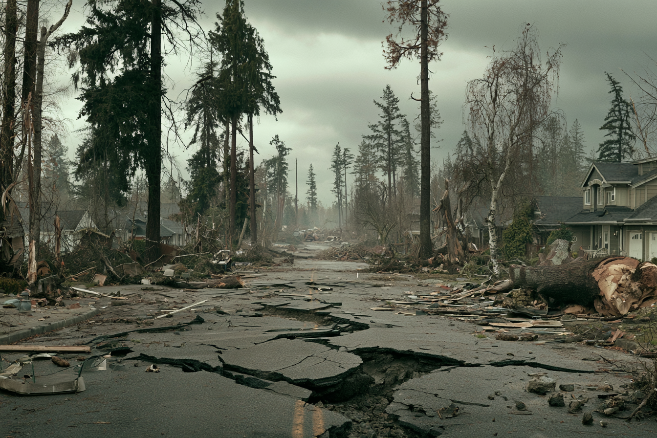 Pacific Northwest suburban street devastated by earthquake with cracked road and fallen trees