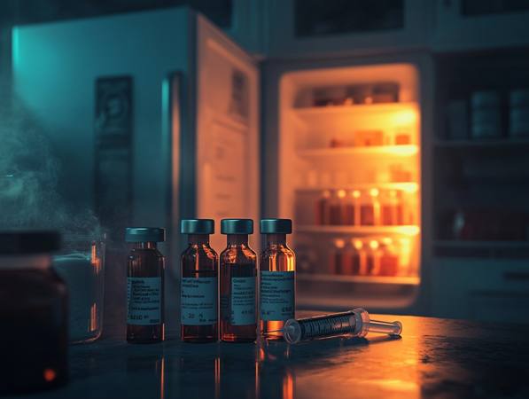 Insulin vials on dark counter with open refrigerator glowing — Phoenix heat outage story