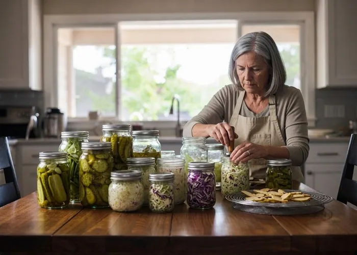 A woman in an apron at a kitchen table crowded with jars of pickles and sauerkraut, pressing one down with a wooden tamper