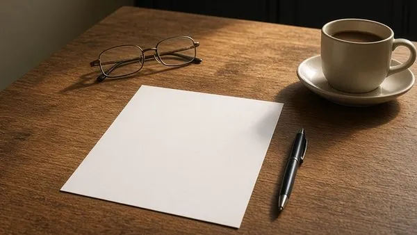 A blank sheet of paper and a pen on a kitchen table in late-afternoon light beside reading glasses and a cup of coffee