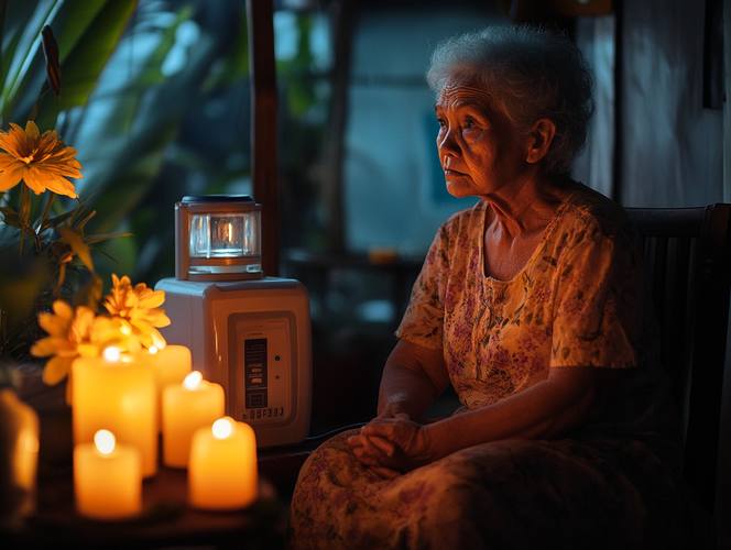 Elderly woman in dim tropical home beside oxygen concentrator with candles — Puerto Rico grid failure story