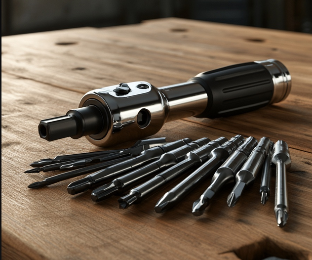 Ratcheting screwdriver with multiple bits fanned out on a wooden workbench