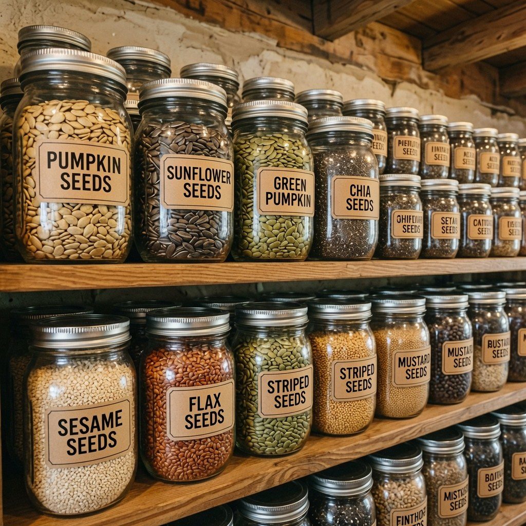 Rows of glass jars filled with dried seeds on wooden pantry shelves