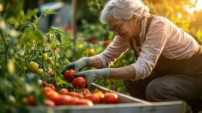 Senior woman harvesting tomatoes from a raised garden bed