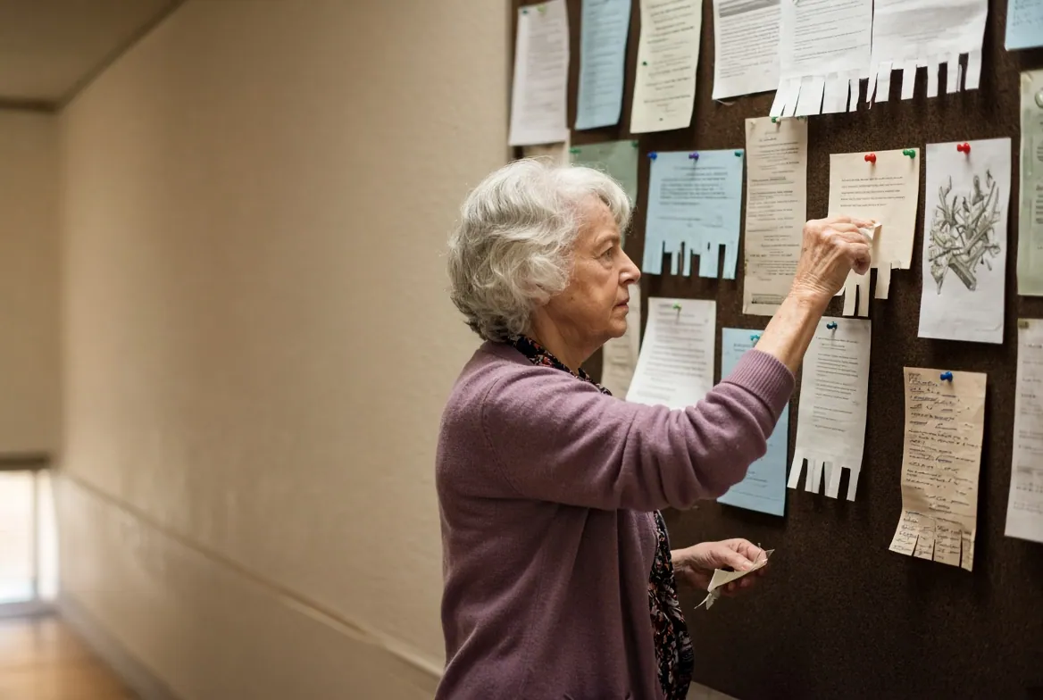 An older woman tearing a paper tab off a flyer on a community bulletin board, another slip already in her hand