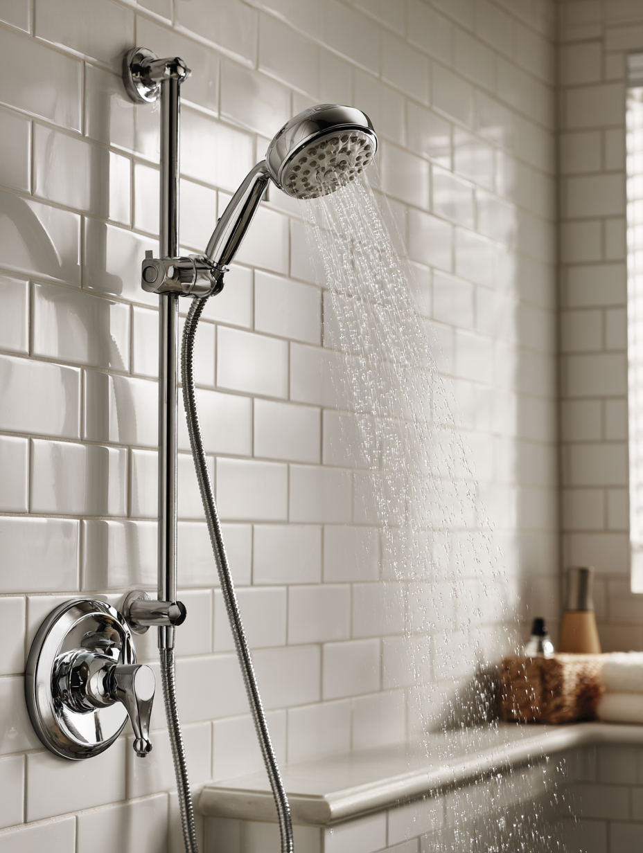 Chrome handheld showerhead on adjustable sliding bar running water in white tiled shower