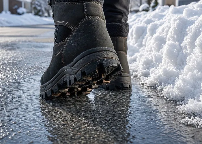Winter boots standing on wet refrozen pavement beside a bank of ploughed snow in bright winter sun
