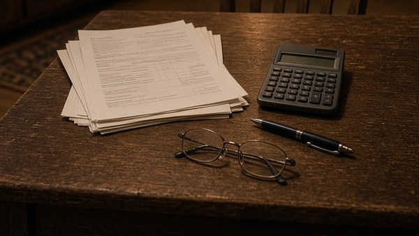 Household paperwork, a calculator and reading glasses on a kitchen table under a lamp