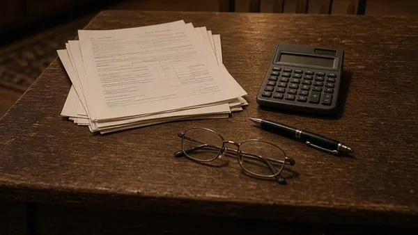 Household paperwork, a calculator and reading glasses on a kitchen table under a lamp