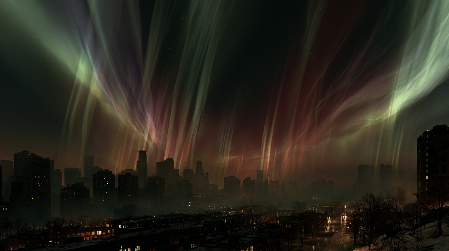 Massive aurora borealis over completely dark blacked out American city after solar storm