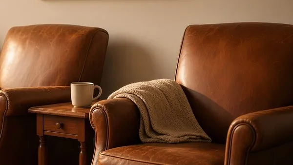 Two worn leather armchairs side by side with a knitted blanket over one arm and a mug on the table between them