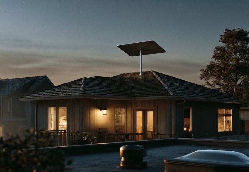 Starlink satellite dish on a rooftop at night, house glowing while neighbors are dark