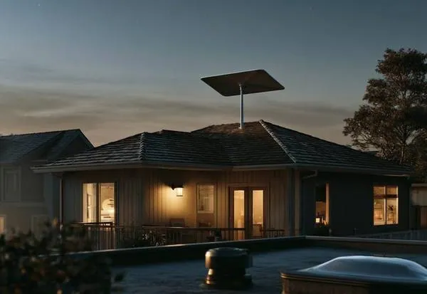 Starlink satellite dish on a rooftop at night, house glowing while neighbors are dark