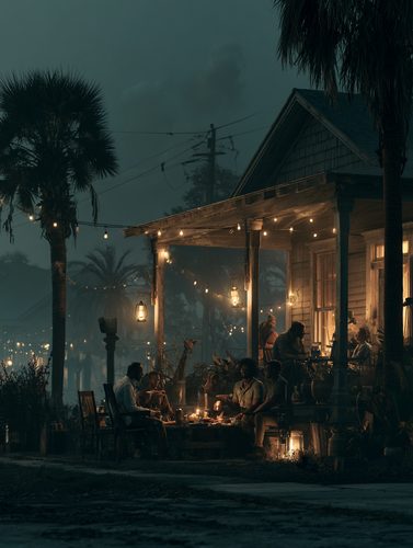 Neighbors gathered on a lit porch with lanterns sharing food during a Florida power outage