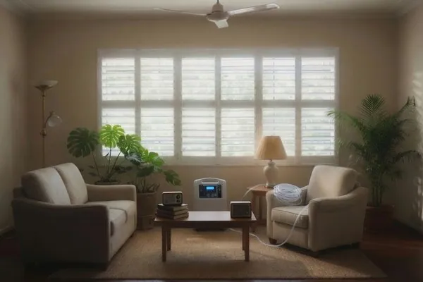 A home oxygen concentrator standing silent in a Puerto Rican living room