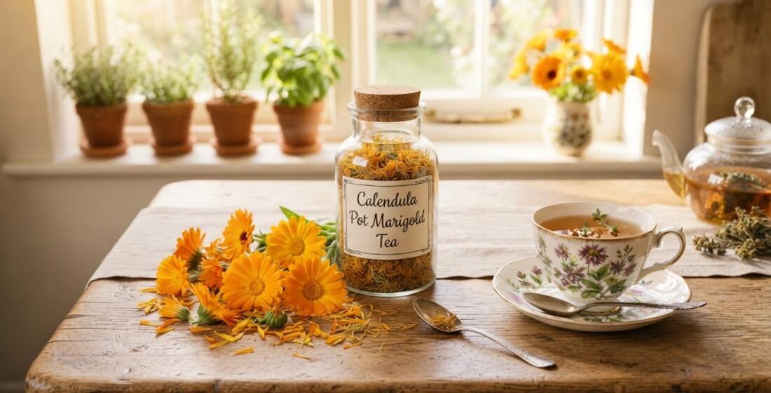 Cork-top glass jar labeled Calendula Pot Marigold Tea on a wooden table beside bright orange and yellow flower heads and a botanical-print teacup, herb pots on the sunny windowsill behind