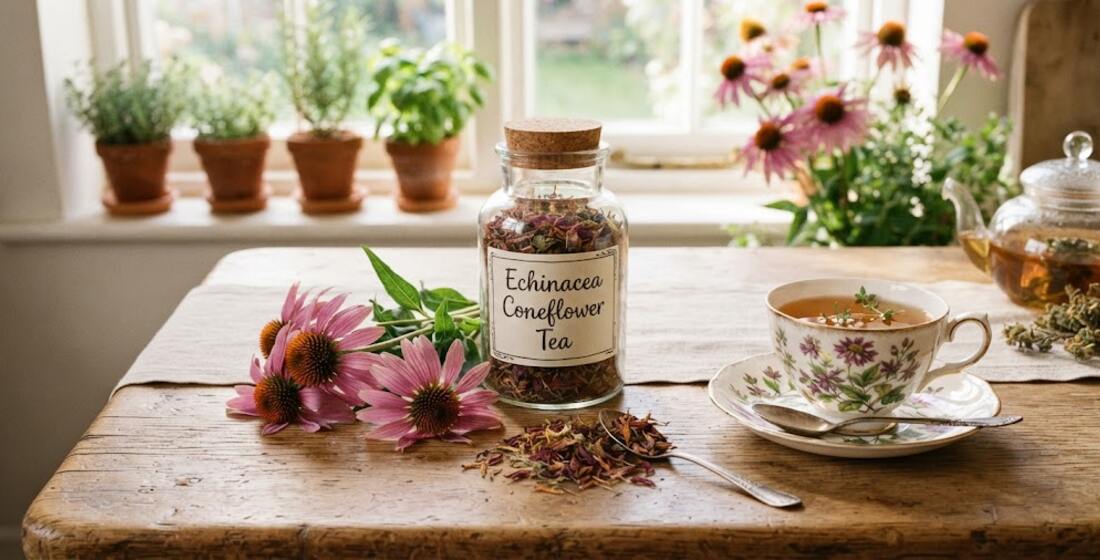 Cork-top glass jar labeled Echinacea Coneflower Tea on a wooden table beside purple coneflowers and a botanical-print teacup, herb pots on the sunny windowsill behind