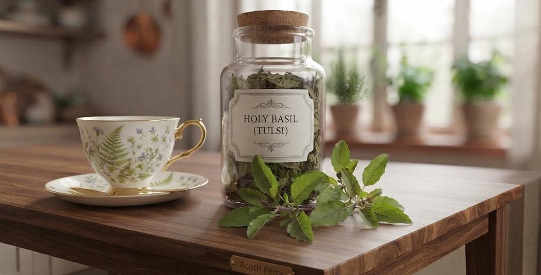 Cork-top glass jar labeled Holy Basil Tulsi Tea on a wooden table beside green tulsi sprigs with purple flower spikes and a botanical-print teacup, herb pots on the sunny windowsill behind
