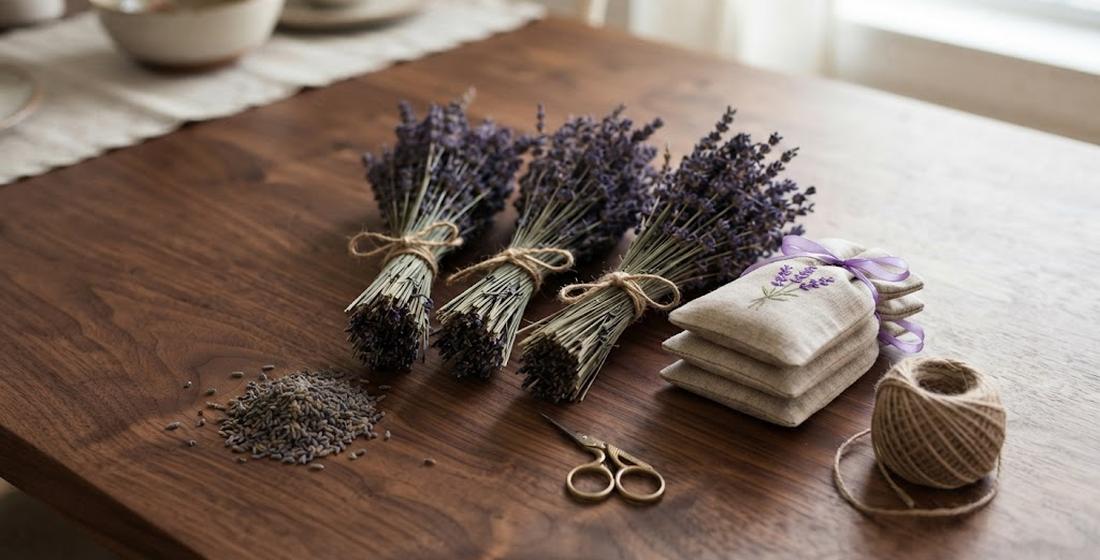 Dried lavender bundles tied with twine and finished linen sachets with purple ribbon laid out on a wooden table with scissors and a spool of twine — ready to give as gifts