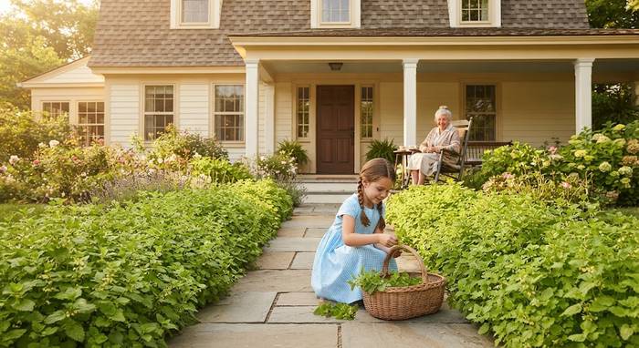Young granddaughter in blue dress harvesting lemon balm while grandmother watches from the porch rocking chair