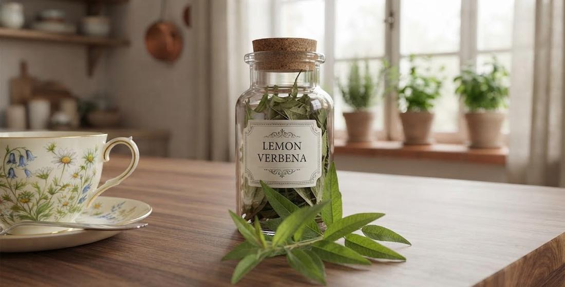 Cork-top glass jar labeled Lemon Verbena filled with dried leaves beside a floral teacup on a wooden table, herb pots on the sunny windowsill behind