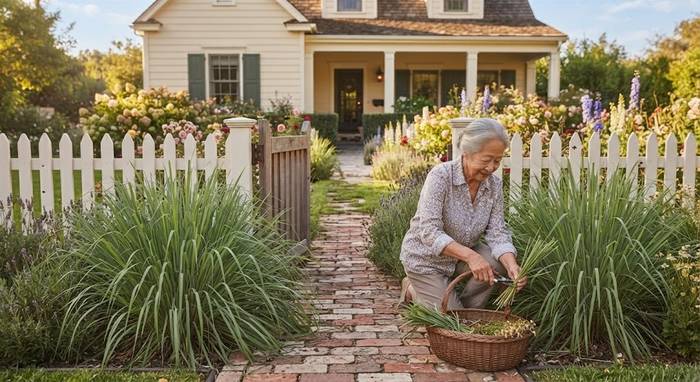 Older woman harvesting lemongrass stalks into a basket along a brick garden path flanked by tall lemongrass clumps