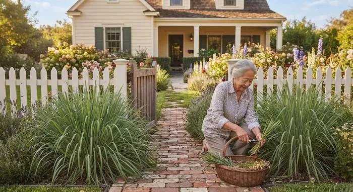 Older woman harvesting lemongrass stalks into a basket along a brick garden path flanked by tall lemongrass clumps