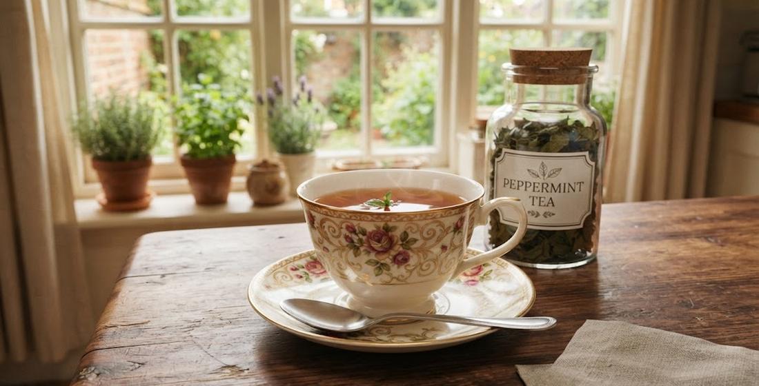 Floral china teacup of brewed peppermint tea on a rustic wooden table beside a cork-top jar labeled Peppermint Tea, herb pots on the windowsill and garden visible through the window behind