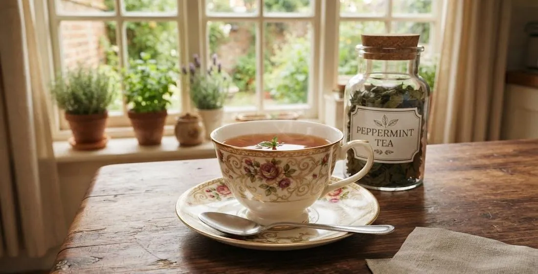 Floral china teacup of brewed peppermint tea on a rustic wooden table beside a cork-top jar labeled Peppermint Tea, herb pots on the windowsill and garden visible through the window behind