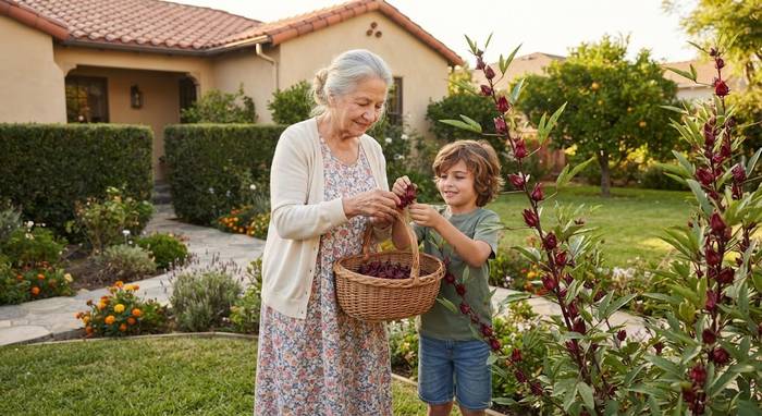 Grandmother and young grandson harvesting deep red roselle hibiscus calyces together