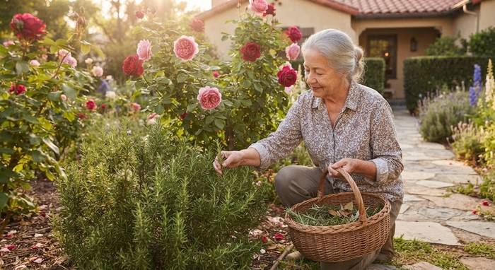 Older woman harvesting rosemary sprigs into a wicker basket with roses blooming behind her