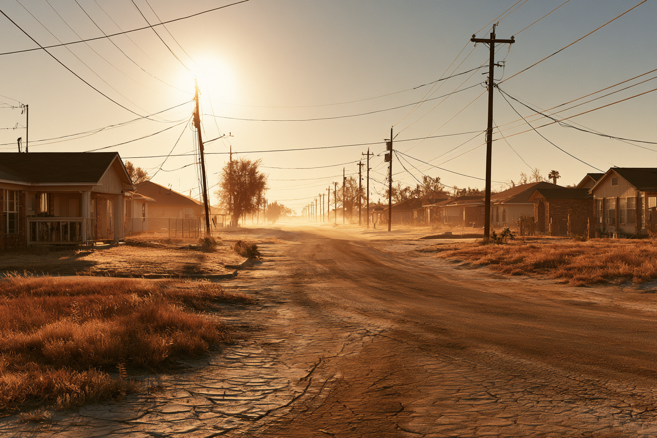 Suburban Texas neighborhood in extreme summer heat with cracked earth and blazing sun