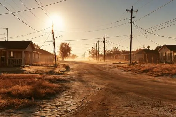Suburban Texas neighborhood in extreme summer heat with cracked earth and blazing sun