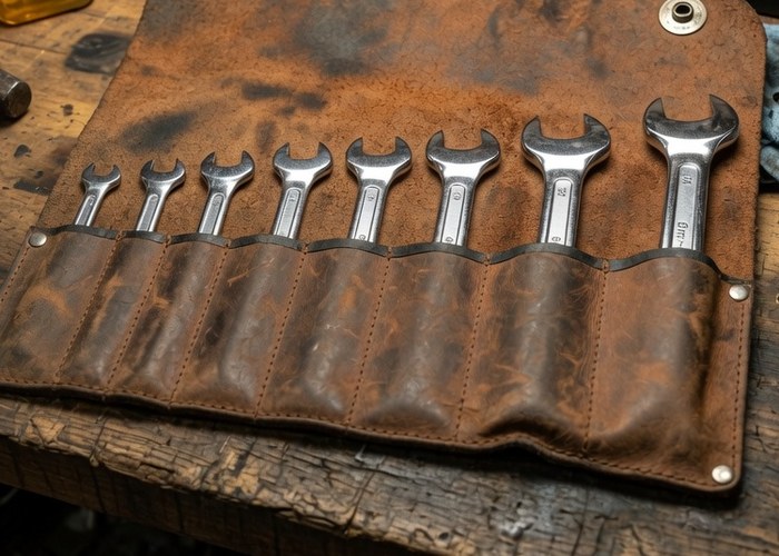 A worn leather tool roll opened out on a workbench with eight open-end wrenches laid in it in order of size