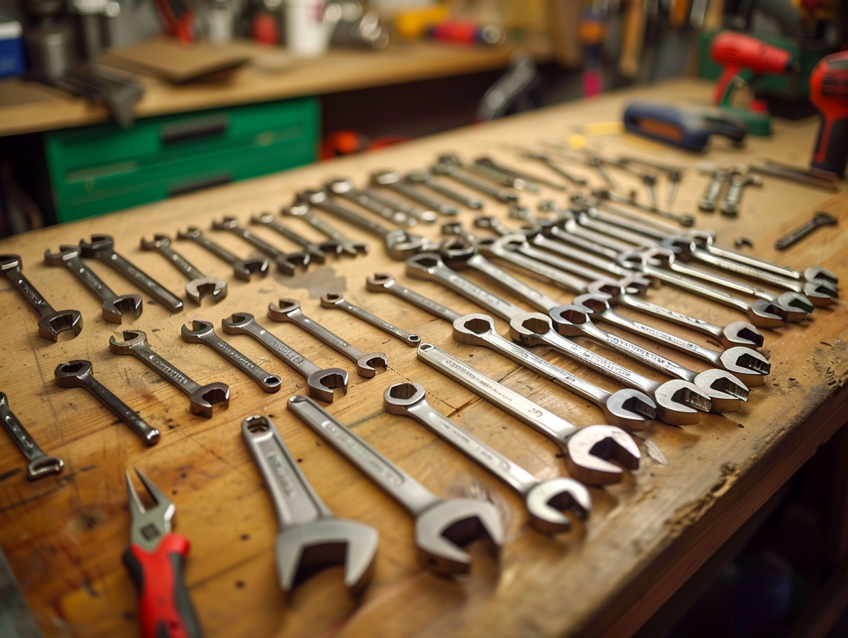 Quality hand tools laid out on a workshop workbench