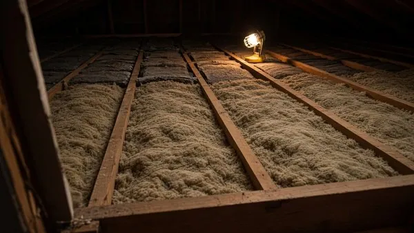 An attic with half its joist bays filled with thick new insulation and the far half bare, a work light standing between them